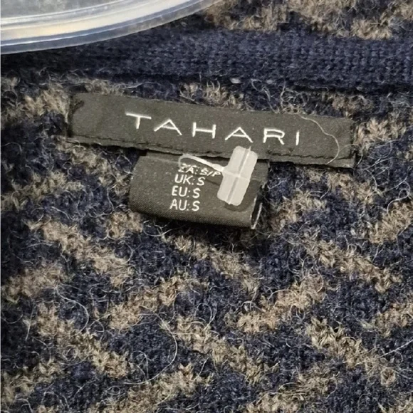 Tahari Gray& Navy Wool Cowl Neck Cardigan with Textured Design small - Picture 6 of 11